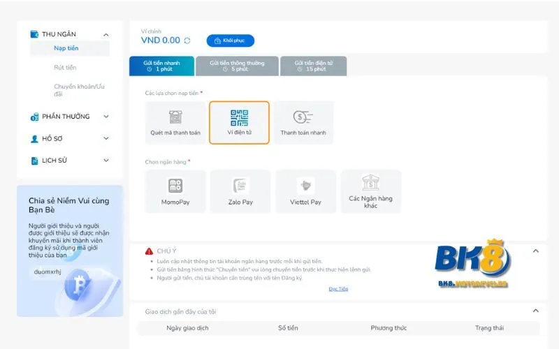 Sử dụng ví điện tử để nạp tiền BK8