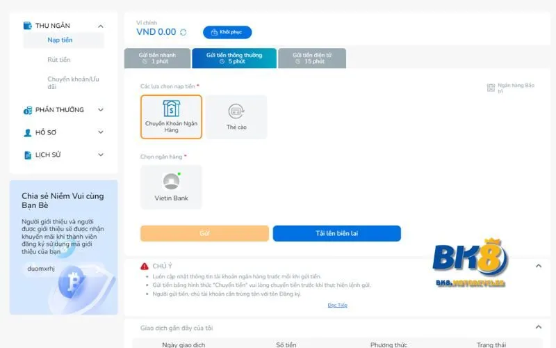 BK8 có hỗ trợ chuyển khoản nhanh cho anh em